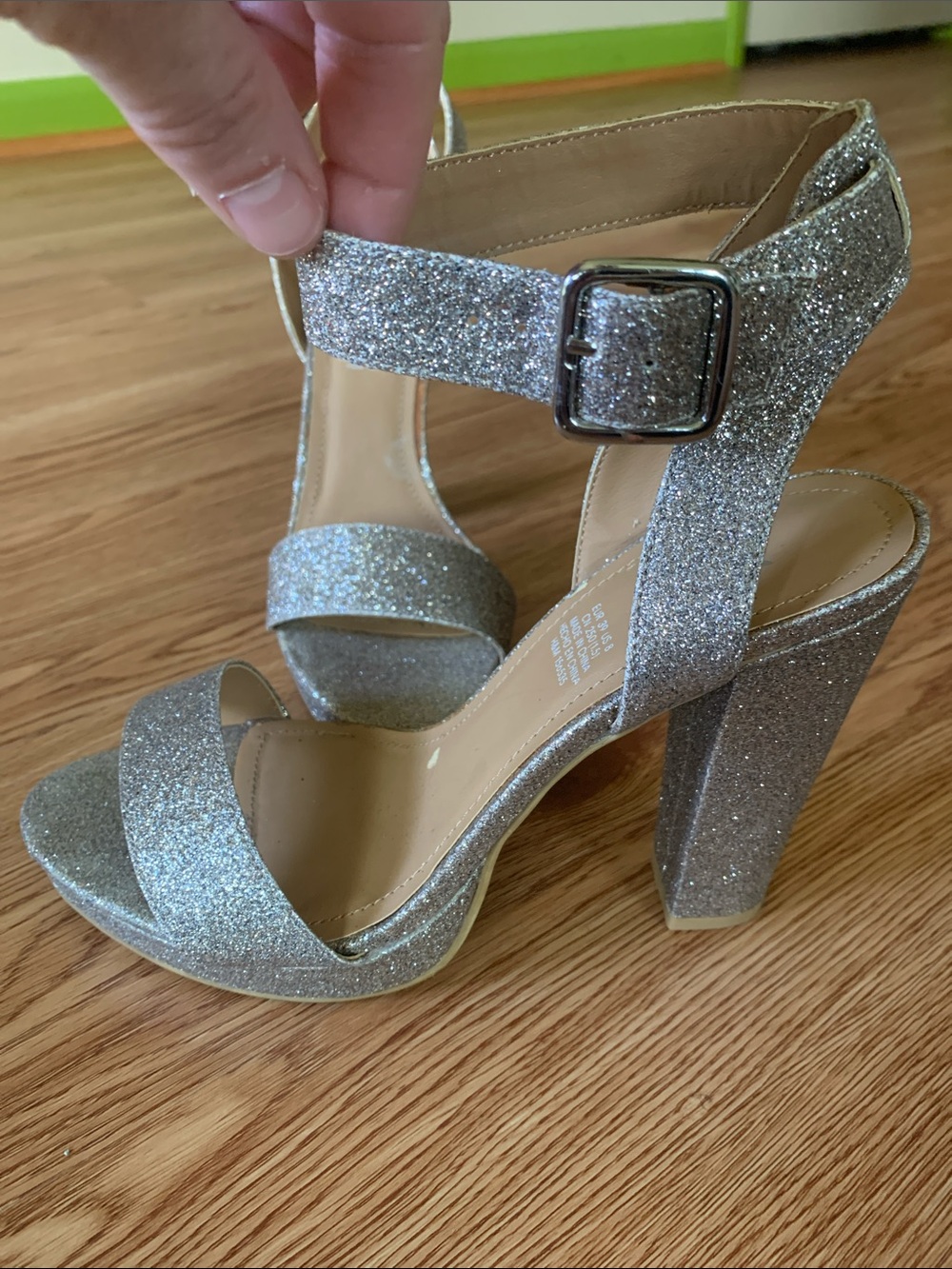 H&M Silver Glitter Block Heel Sandals with Ankle Strap